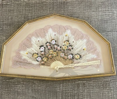 RARE Large Antique Victorian fan framed glass flower garden french  Foto 1 de 4