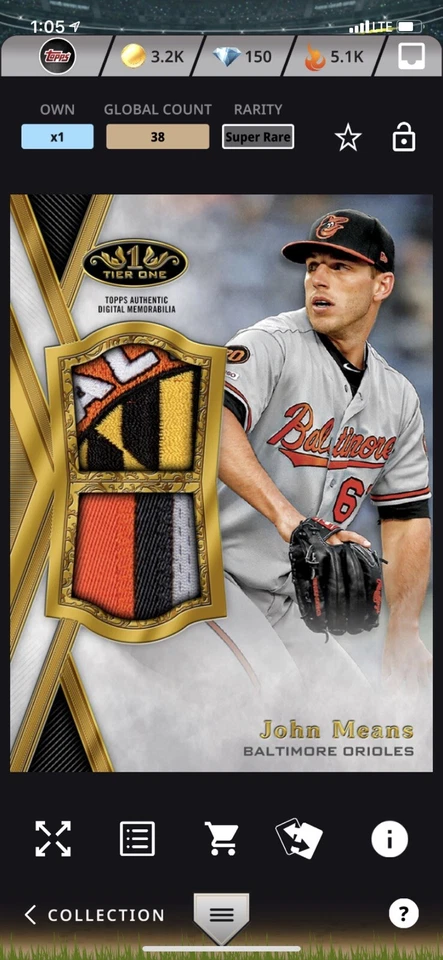 Topps BUNT John Means DOUBLE Relic TIER ONE 2020 [DIGITAL CARD] - Image 1 of 1