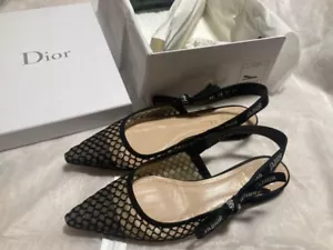 Christian Dior J’adior Slingback Flat Pumps size 39 Black Mesh Pointed Toe Boxed - Picture 1 of 24