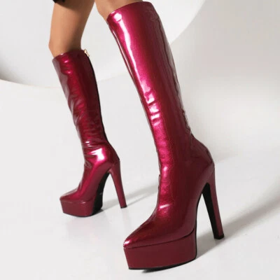 Botas hasta la rodilla con punta puntiaguda para mujer charol zapatos de salón plataforma tacones de aguja Foto 1 de 4