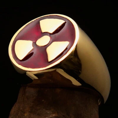 ROUND WARNING SYMBOL MENS BRASS RING RADIOACTIVE RADIATION RED SIZE 11 - Image 1 of 4