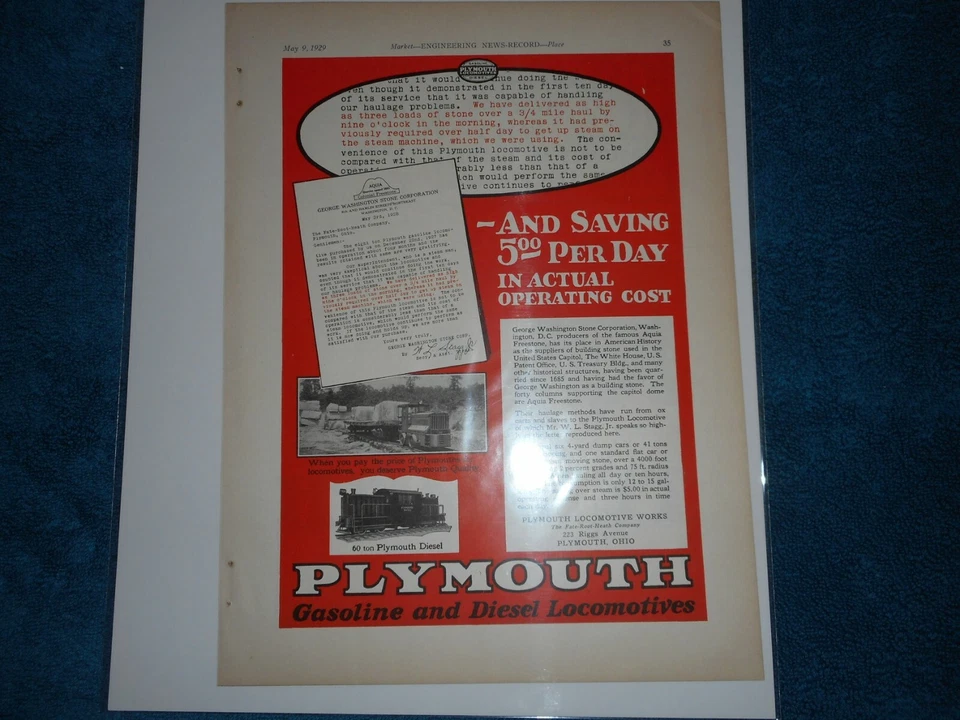 1929 Plymouth Locomotives Print Advertisement: 60 Ton Diesel, Plymouth, Ohio - Image 1 of 1