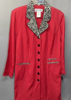 Vestido Abrigo Vintage Dani Max Mujer 14 Petite Rojo Negro Blanco Cuello Cebra Botón Foto 1 de 4