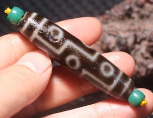 Energy Tibetan Top Old Agate Fold Line 9 Eyed Healer Pit dZi Bead Pendant Amulet - Picture 1 of 12