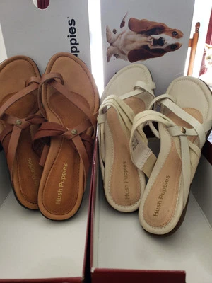 Nuevo (2) Par de Sandalias para Mujer Hush Puppies Puntera Nishi Cuero Tostado y Blanco Desconectado Foto 1 de 4