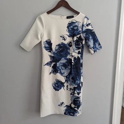 Vestido Rickie Freeman Teri John 4 Shift Material de Buceo Floral Azul Blanco Foto 1 de 4