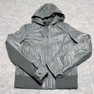 Aqua Women Gray Genuine Lined Leather Medium  Hooded Bomber Jacket - Image 1 of 4