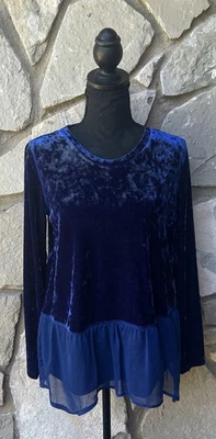 Top de terciopelo LOGO de Lori Goldstein talla pequeña dobladillo de gasa azul profundo A667743 nuevo sin etiquetas Foto 1 de 4