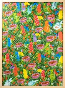 Impresionante pintura al óleo haitiana vintage paisaje colorido mujeres recogiendo frutas - Imagen 1 de 8