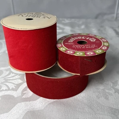 Lot Of 3 Rolls Vintage Red Velvet Ribbon 2.5" 1.5” 1.25” CHRISTMAS Valentines - Image 1 of 4