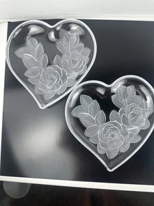 Heart Shaped Etched Crystal Glass Heart Tray—Winter Rose Studio Nova Set Of 2 - Picture 1 of 12