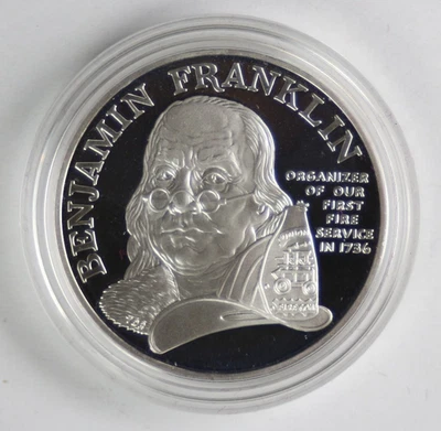 1992 P Benjamin Franklin Firefighters Proof Silver Medal 1 oz .999 w/ OGP & COA - Image 1 of 3