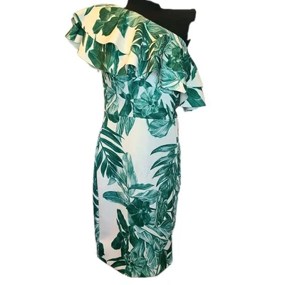 Vestido Vaina ALEXIA ADMOR Un Hombro Manga Volantes, S, Buceo Verde Palma Blanco Foto 1 de 4