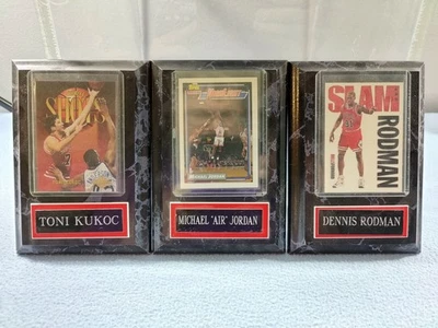 LOTE DE 3 PLACAS MICHAEL JORDAN, DENNIS RODMAN & TONI KUKOC 4 1/2 X 6 1/2 TOROS Foto 1 de 4
