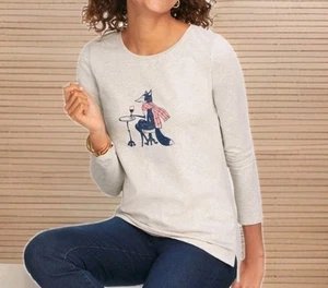 *New TALBOTS Top Women's Large Fox Embroidery Crew Neck Tee Lightweight Pullover - Picture 1 of 9