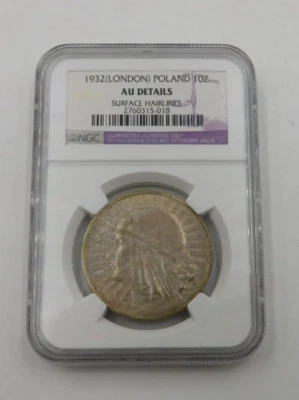 POLONIA: 1932 10 Zlotych NGC AU DETALLES #1 DISEÑO DE MONEDA DE PRINCIPIOS DEL SIGLO XX (7 Foto 1 de 4