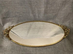 "Bandeja tocador globo ovalada espejada chapada en oro Ormolu floral vintage 17""" - Imagen 1 de 10