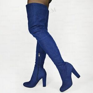 Bottes hautes cuisses femmes bloc denim talons hauts sur genou bottes latérales zip chaussures