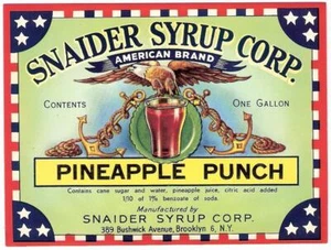 Vintage Snaider's Pineapple Punch Soda Label Snaider Syrup Corp. Brooklyn, N. Y. - Picture 1 of 1