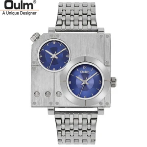 Relojes analógicos de cuarzo con doble zona horaria de doble reloj marca Oulm estuche cuadrado para hombre - Imagen 1 de 14