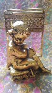 Mid-Century Brass Reading Child Letter / Napkin Holder Figurine 6" X 3 1/2" - Picture 1 of 10
