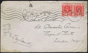 1926 Nigeria 1d x 2 Lagos to London Nigeria B Machine Cancel - Picture 1 of 2