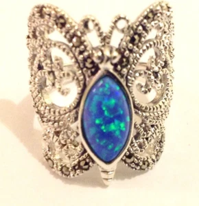 Blue Green Opal Marcasite Openwork Butterfly Statement Ring Sterling Silver 8 P - Picture 1 of 12