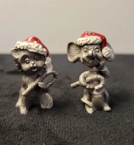 Vintage Spoontiques 1982 Miniatur Zinn Katze & Maus Weihnachtsmützen - Bild 1 von 5