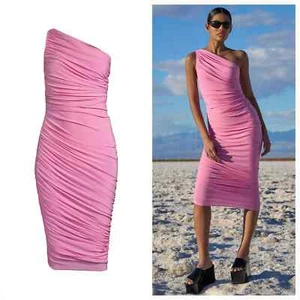 Neu mit Etikett Norma Kamali Diana gerafftes One-Shoulder-Midikleid in Bonbonrosa Größe Small - Bild 1 von 5