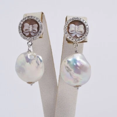 ORECCHINI IN ARGENTO 925 CON ZIRCONI PERLE BAROCCHE PIATTE E CAMMEI AGHT 0716 - Immagine 1 di 3