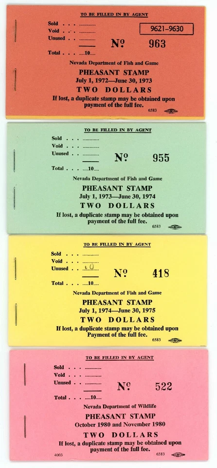NEVADA PHEASANT  STAMPS COMPLETE BOOKS W/ TABS, 1972, 1973, 1974, 1980. SCARCE  - Image 1 of 1