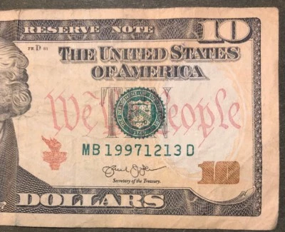 Birthday Bill Anniversary note $10 MB 1997 12 13 D December 13th 1997 - Image 1 of 3