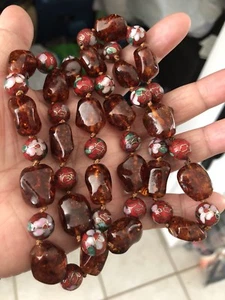 Hand Knotted Chinese Cloisonné, Knuckle Shaped Pressed Amber Bead Necklace. - Picture 1 of 7
