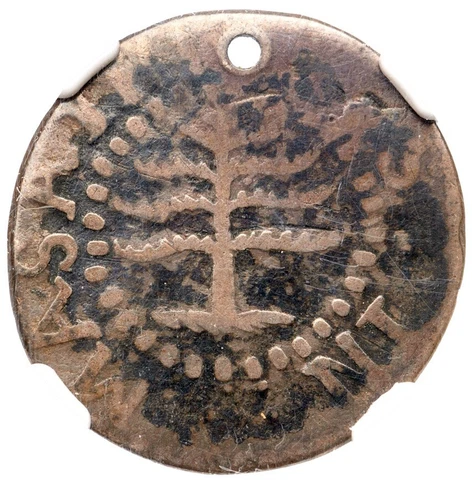 1652 N-28 R-6 NGC VG Details Small Pine Tree Shilling Massachusetts Silver Coin Cover