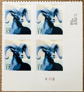 US Scott 4138 2007 17c Big Horn Sheep Mint Plate Block Of 4 MNH Post Card Stamp - Picture 1 of 3