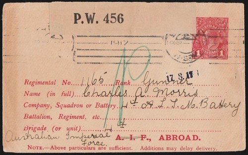 AUSTRALIA Military Envelope 1916 KGV 1d red on buff 'AIF Abroad ...