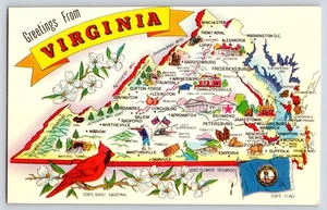 Postal saludos desde Virginia mapa ilustrado símbolos estatales - Imagen 1 de 3