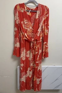 Free People Boho Floral Maxi Dress Small Red Orange Long Sleeve Tie Waist - Picture 1 of 6