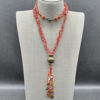 Collar Coldwater Creek Oro Rojo Multi Hilos Borla Cuentas Boho Largo Declaración Foto 1 de 4