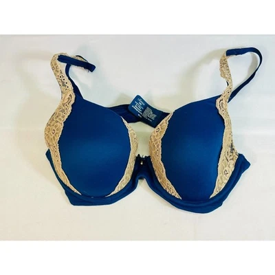 SOMA Embraceable Full Coverage Lace Trim Blue Beige Bra 34D EUC Underwire Bow  - Image 1 of 4