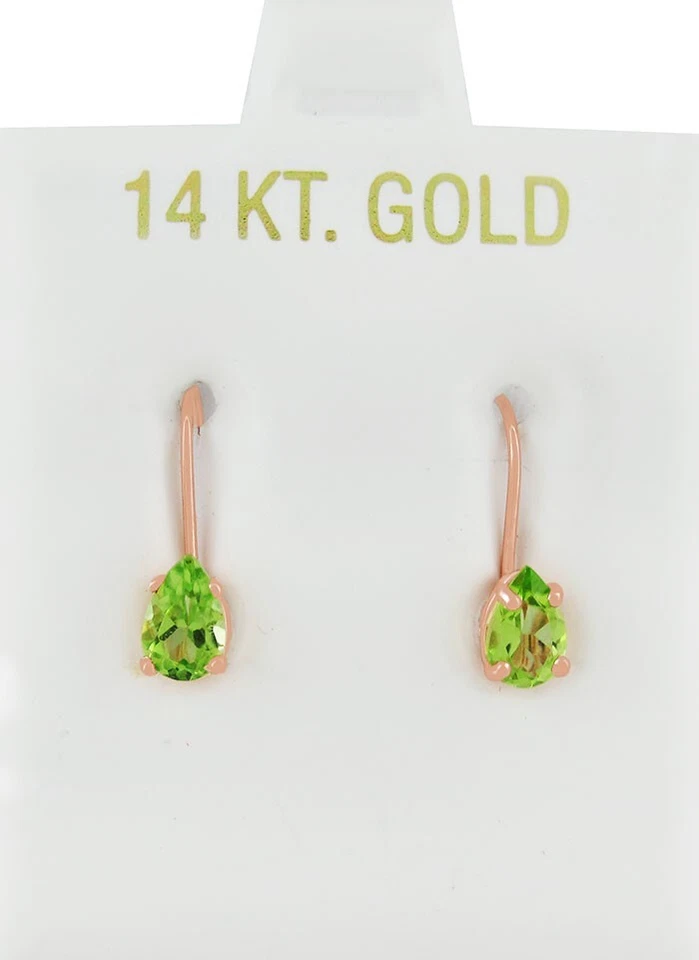 GENUINE 1.28 Cts PERIDOTS DANGLING EARRINGS 14K ROSE GOLD  - Free Certificate - Image 1 of 4