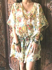 Boho Chiffon Floral Cover Up Sheer Beach Caftan Beaded Summer Resort Kaftan 