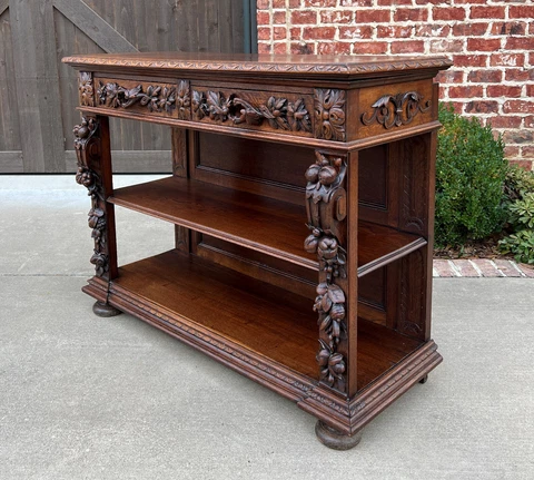 Antique French Server Sideboard Console Sofa Table 3-Tier Drawers Carved Oak 19C Cover