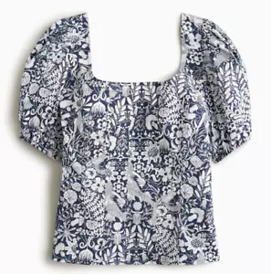 NWT $89 J.Crew Women's sz 10 Mermaid Floral Puff Sleeve Cotton Poplin Top Navy - Picture 1 of 4