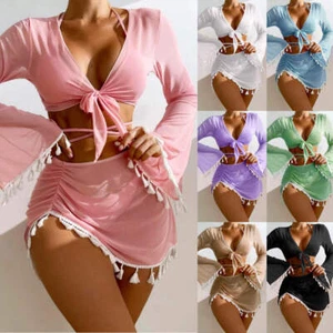 4pcs Solid Color Bikini With Short Skirt And Long Sleeve Cover-up Fashion Bow Ti - Picture 1 of 36