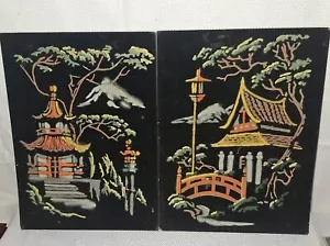 2 Vintage Japanese Velvet Paintings Art Artwork Old Japan Black Painting Sm 9x12 - Picture 1 of 2