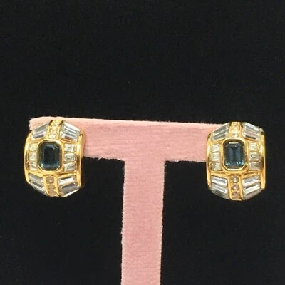 复古 Christian Dior 耳环蓝色水晶夹白色长方形和铺面 0.9 — 第 1/4 张图片