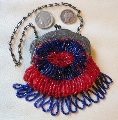 Antiguo Monedero Muñeca Bru Francesa Checa Cuentas Rojo Azul Cobalto Marco en T Plateado Foto 1 de 4