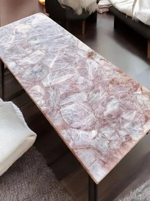 60"x30" Pink Rose Quartz Stone Center Sofa Dining Table Handmade Crystal Decors - Image 1 of 4