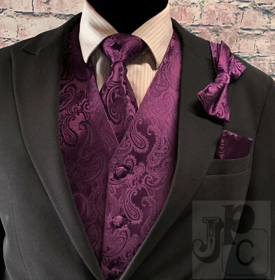 EGGPLANT Paisley Design Dress Vest / NeckTie / Bow tie / Pocket Square hankie - Image 1 of 3